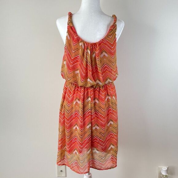 AB Studio Orange Brown White Chevron Dress Size Large - Picture 4 of 8